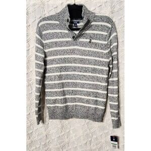 Izod Sweater Boys L 14 /16 Preppy‎ Schoolboy Ivory Black Striped Academia NWT